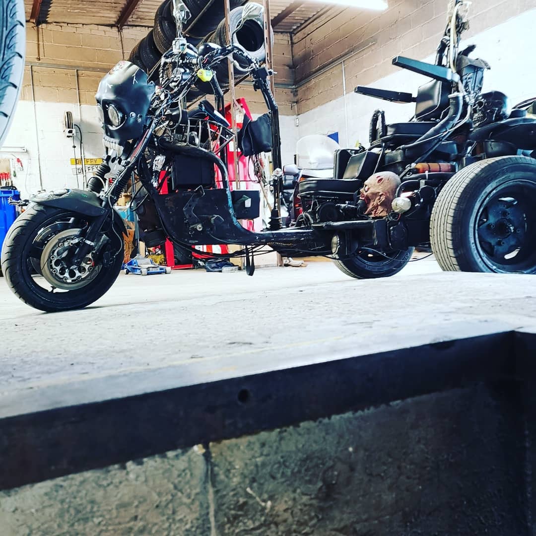 Custom black trike inside the David Duffield workshop
