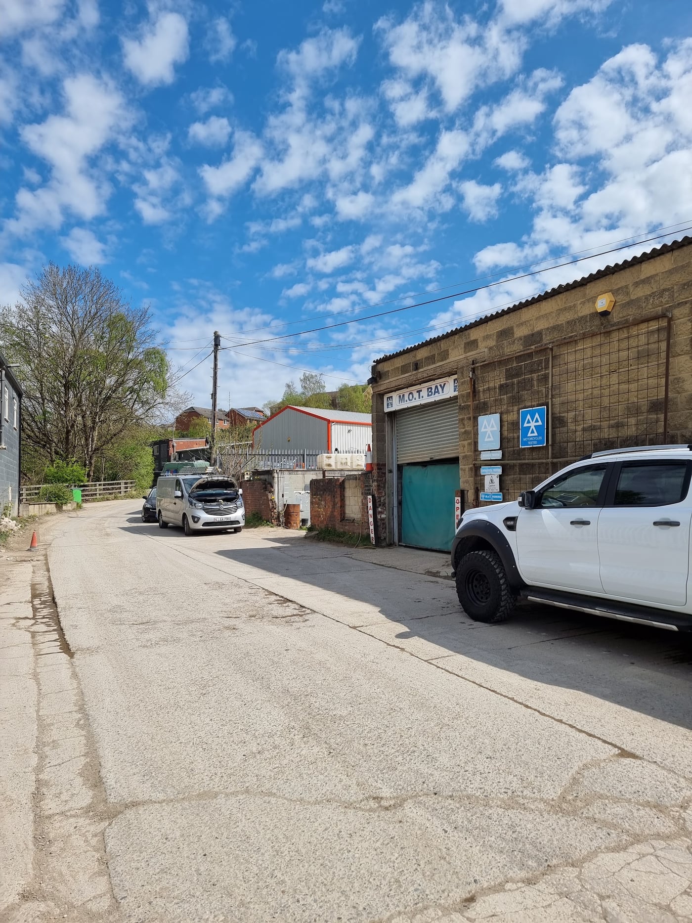 The MOT bay entrance and access lane at Milners Road Industrial Estate